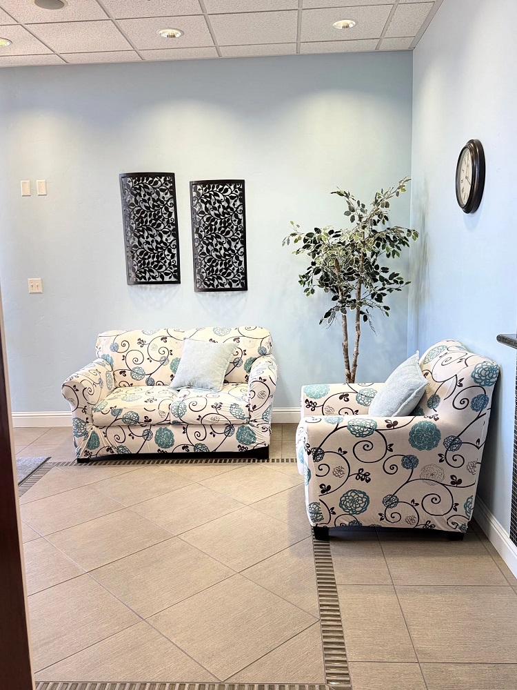 Similar to the previous view, but including a large artificial potted plant and two pieces of dark textured wall art