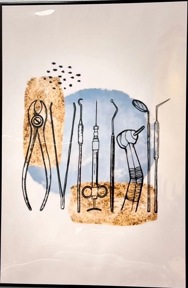 A framed piece of modern art showing sketches of various dental tools, including pliers and mirrors, over abstract watercolor backgrounds