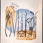 A framed piece of modern art showing sketches of various dental tools, including pliers and mirrors, over abstract watercolor backgrounds